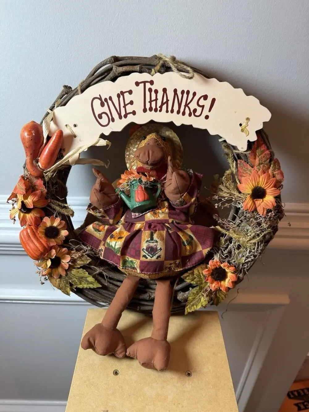 Give Thanks Thanksgiving Turkey Grapevine Wreath Fall Harvest Door Decor